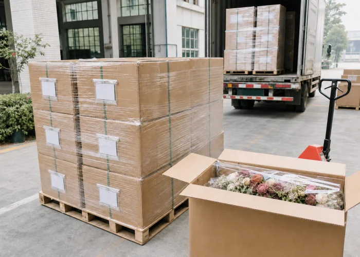 Palletized artificial flower orders prepared for loading and worldwide delivery