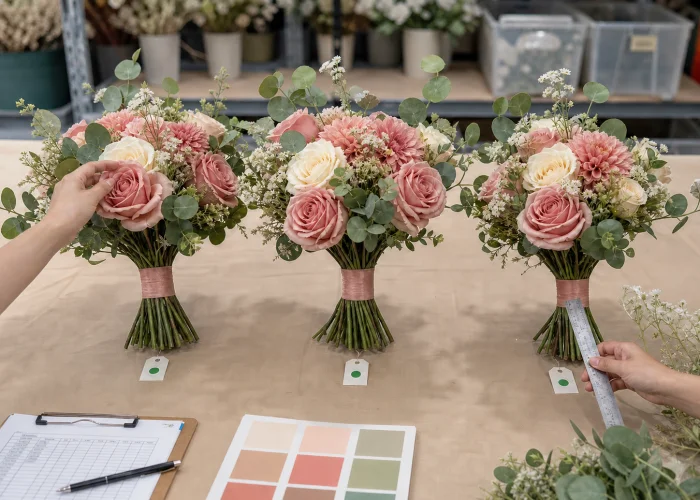 Finished artificial flower bouquets being checked for color, construction, and stem length