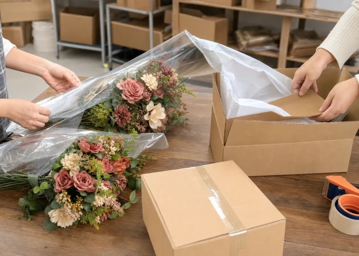 Artificial flower bouquets being protected and packed into export cartons