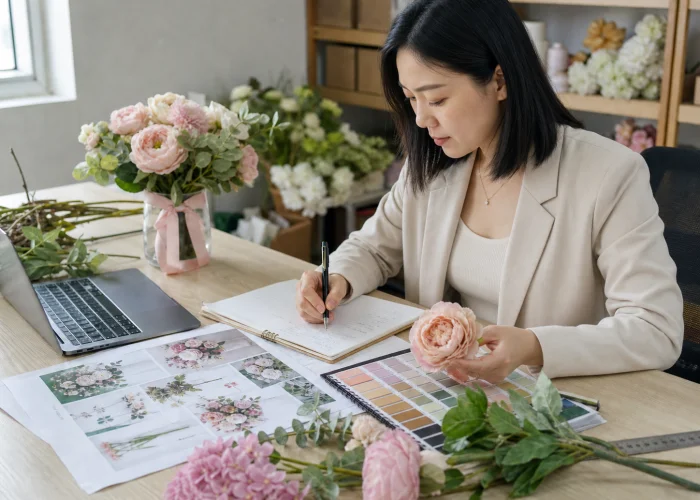 Chinese artificial flower supplier reviewing customer requirements, flower samples, and color options