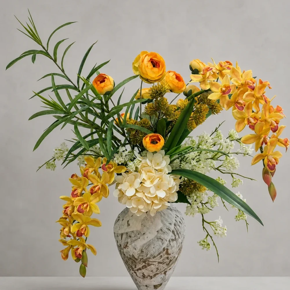 Orange artificial orchid and hydrangea arrangement in a ceramic vase