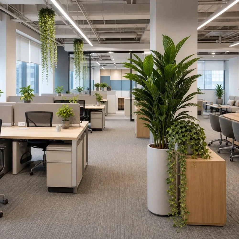 Artificial plants used throughout a modern open office workspace