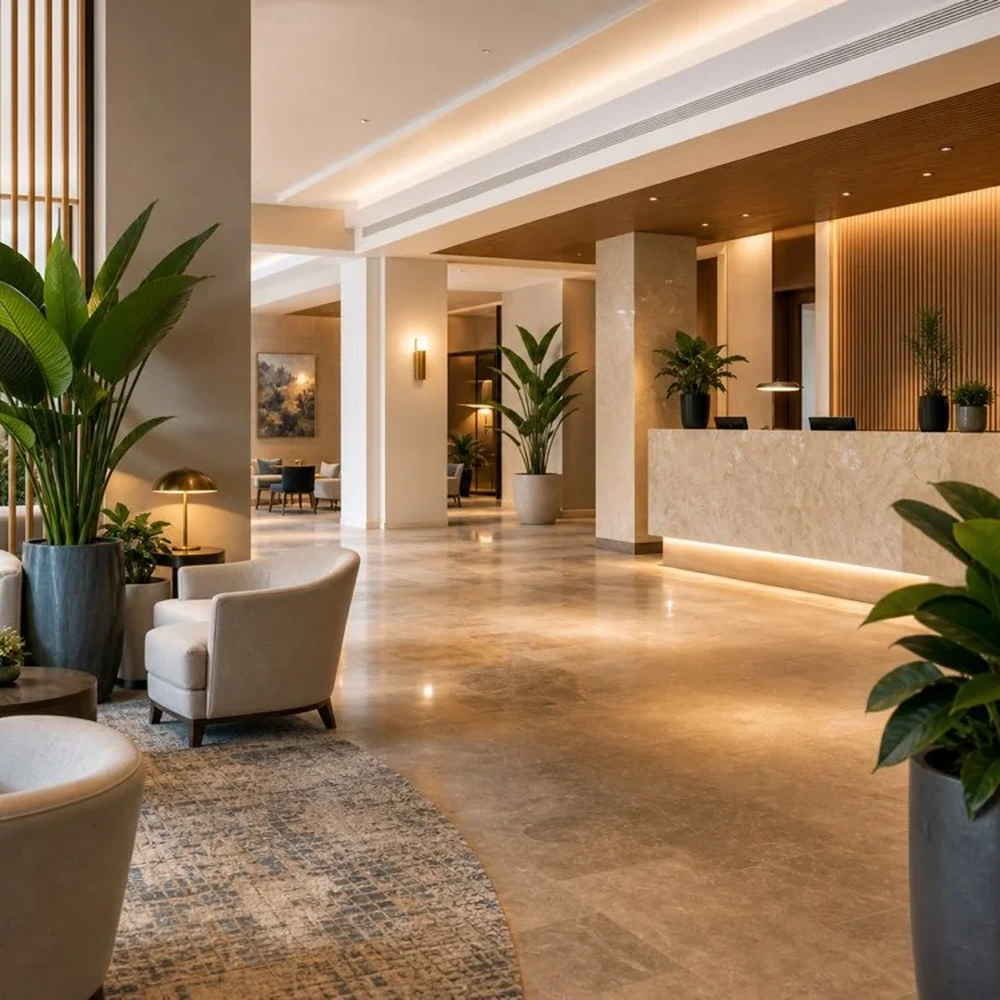 Artificial potted plants decorating a modern hotel lobby