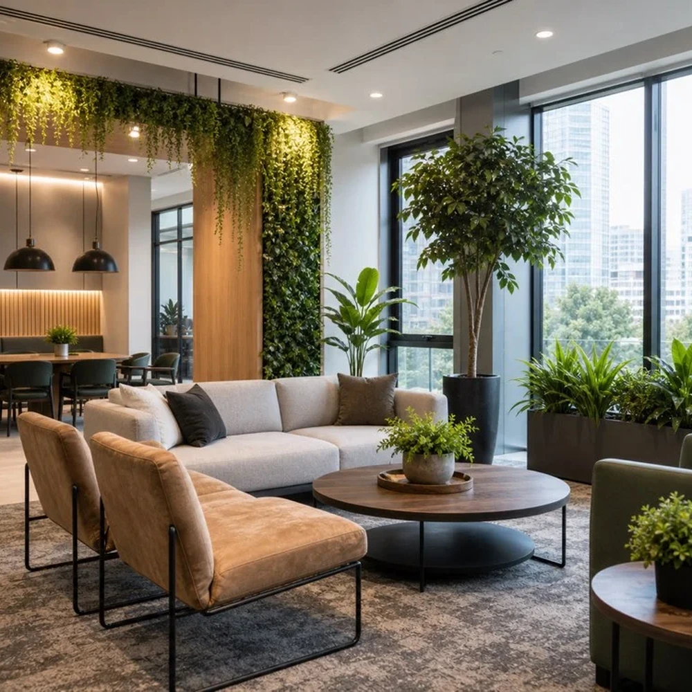 Artificial greenery arranged in a corporate lounge and meeting space
