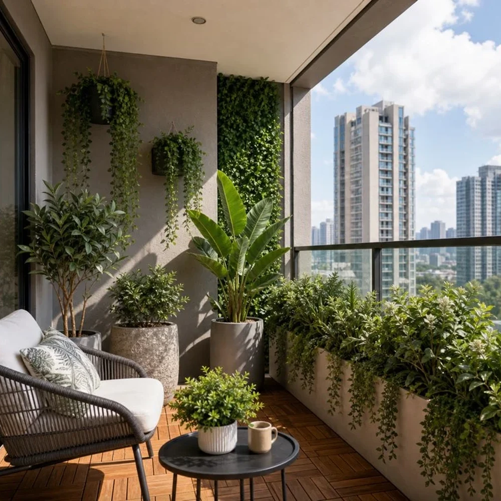 Artificial plants creating a green balcony and terrace display