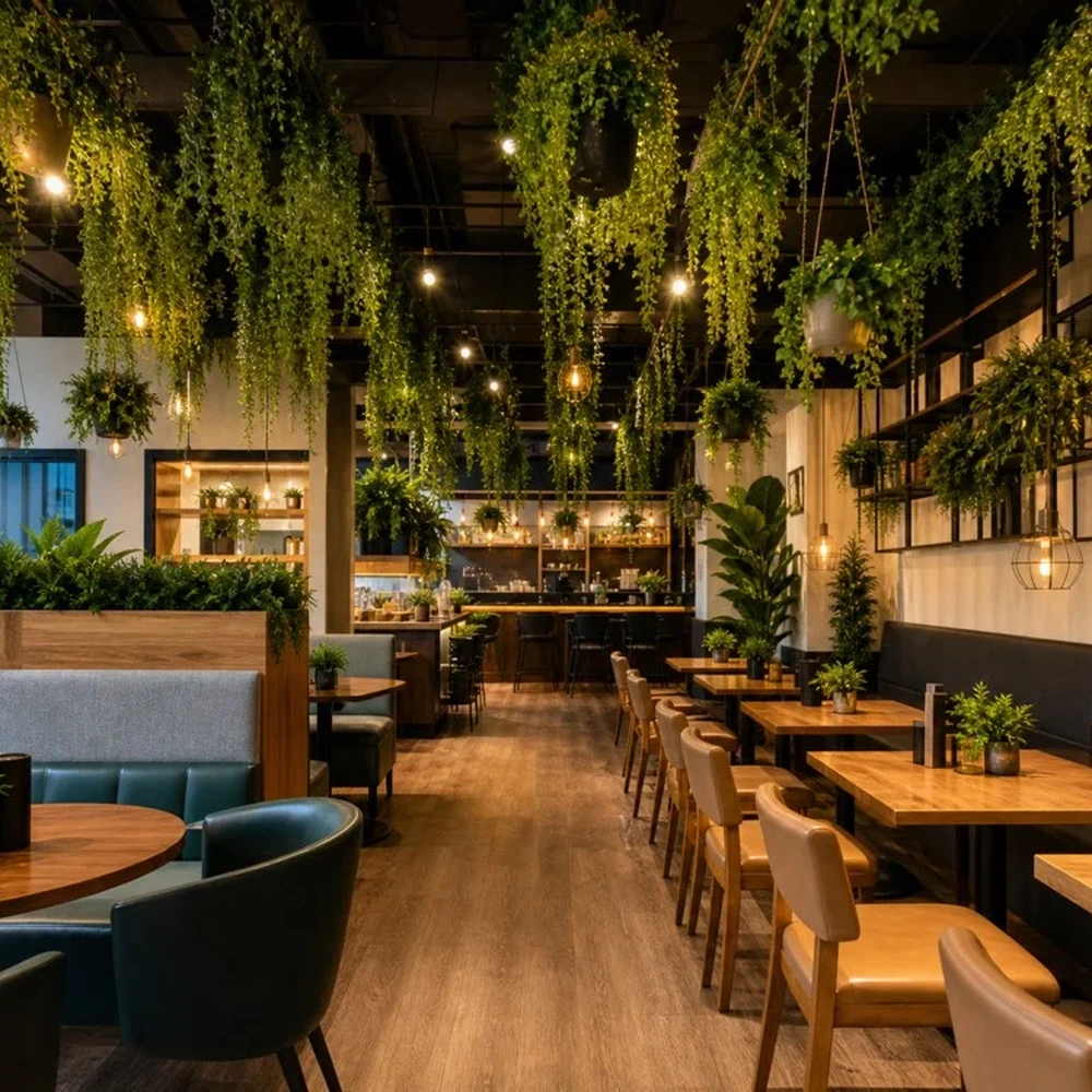 Artificial hanging vines decorating a restaurant interior