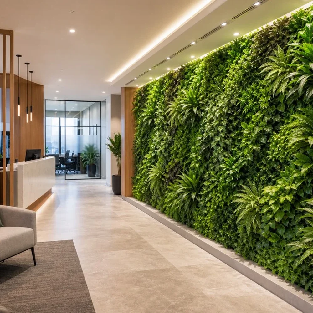 Artificial green wall installed in a commercial corridor