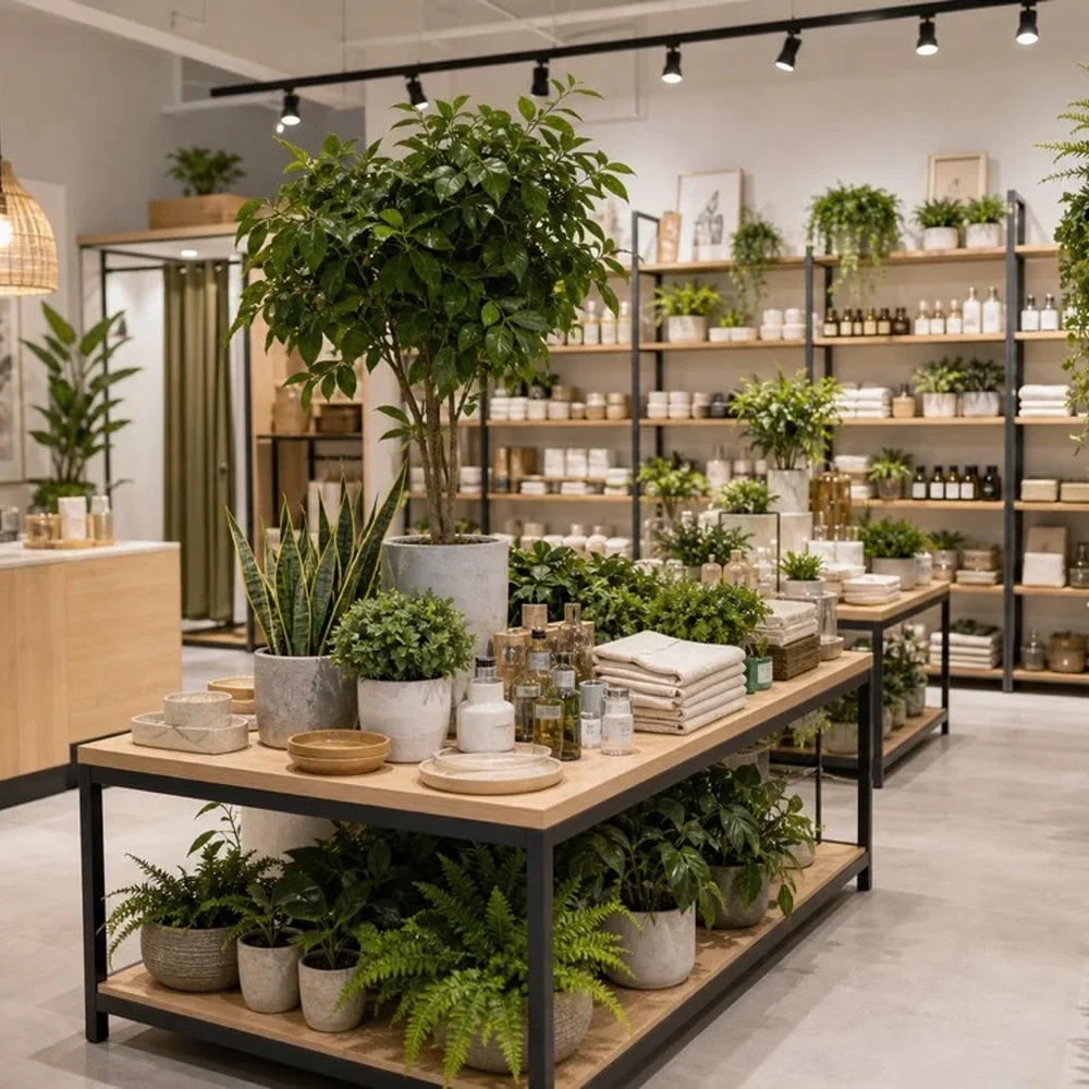 Artificial plants displayed in a modern retail store