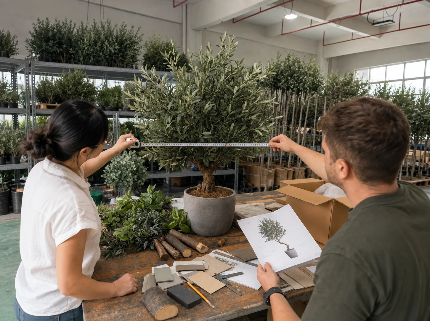 Artificial tree sample being measured and reviewed before approval