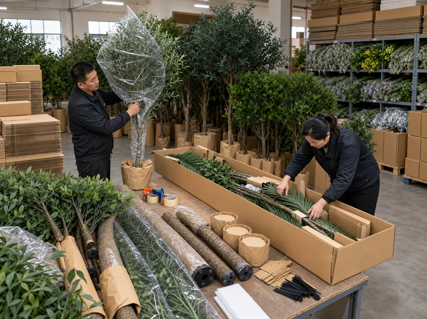 Artificial trees and components being prepared for protective packaging