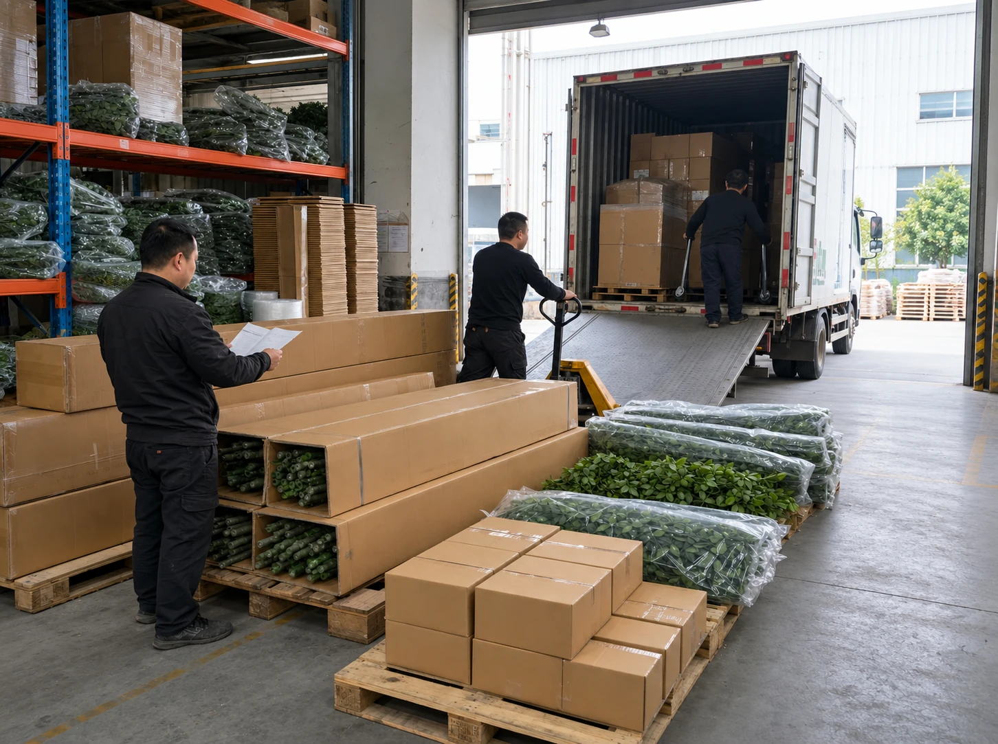 Artificial tree factory preparing wholesale orders for international delivery