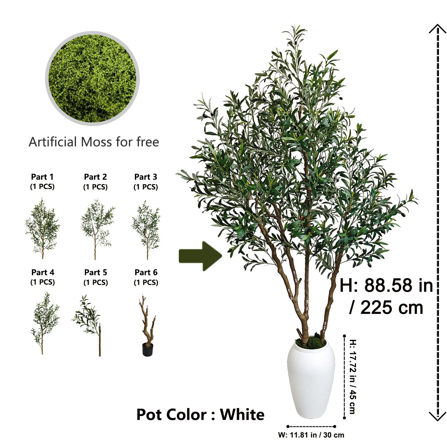 225 cm artificial olive tree with a white planter
