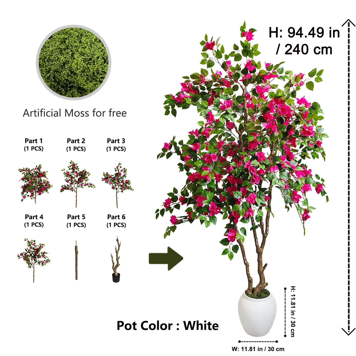 240 cm artificial flowering tree with a white planter