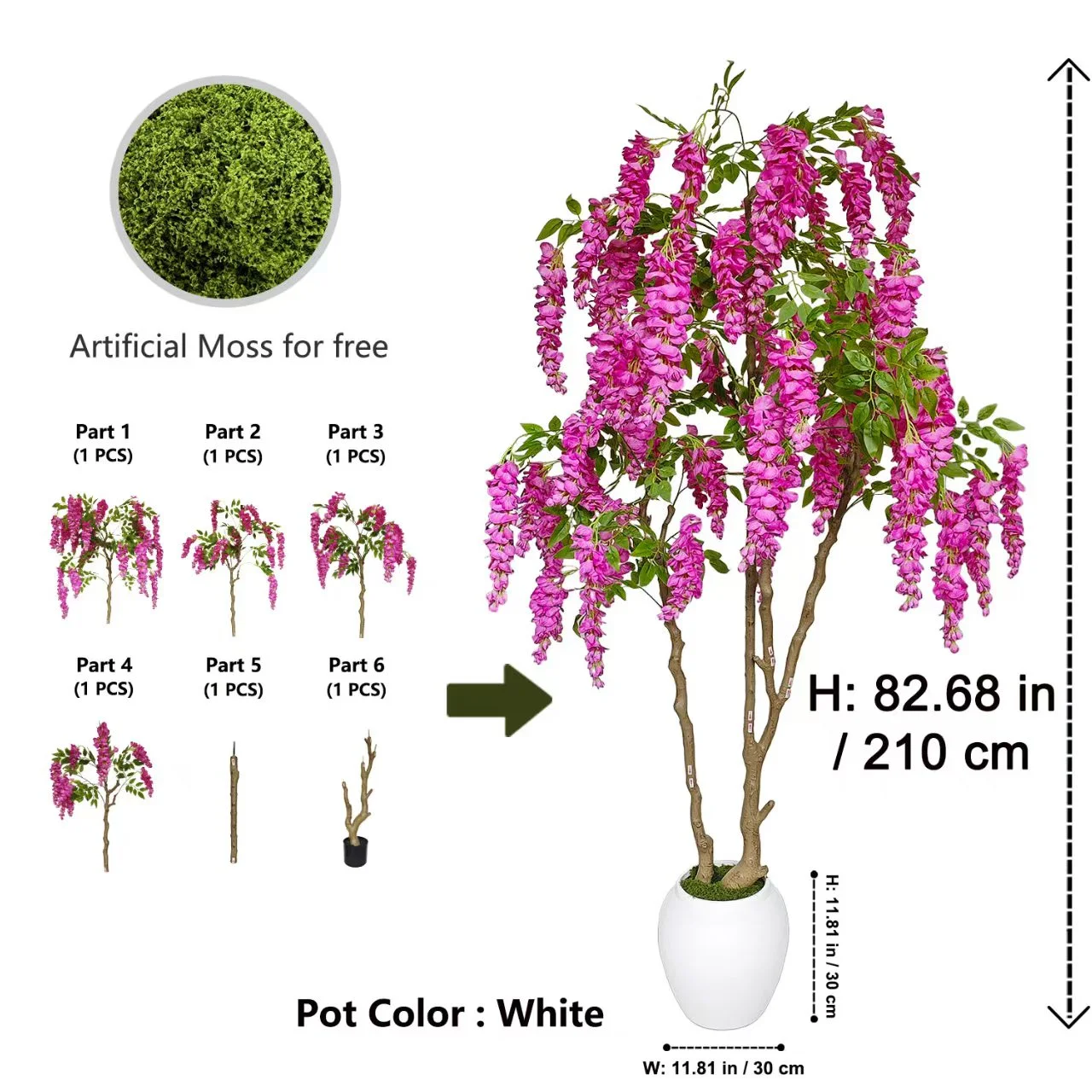 210 cm artificial purple wisteria tree with a white planter