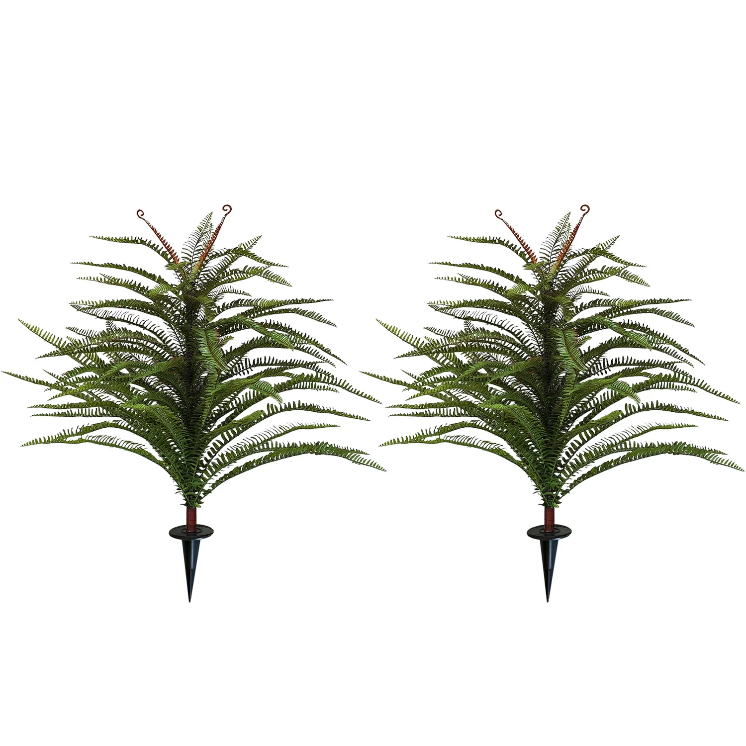 Pair of artificial palm trees with ground stakes