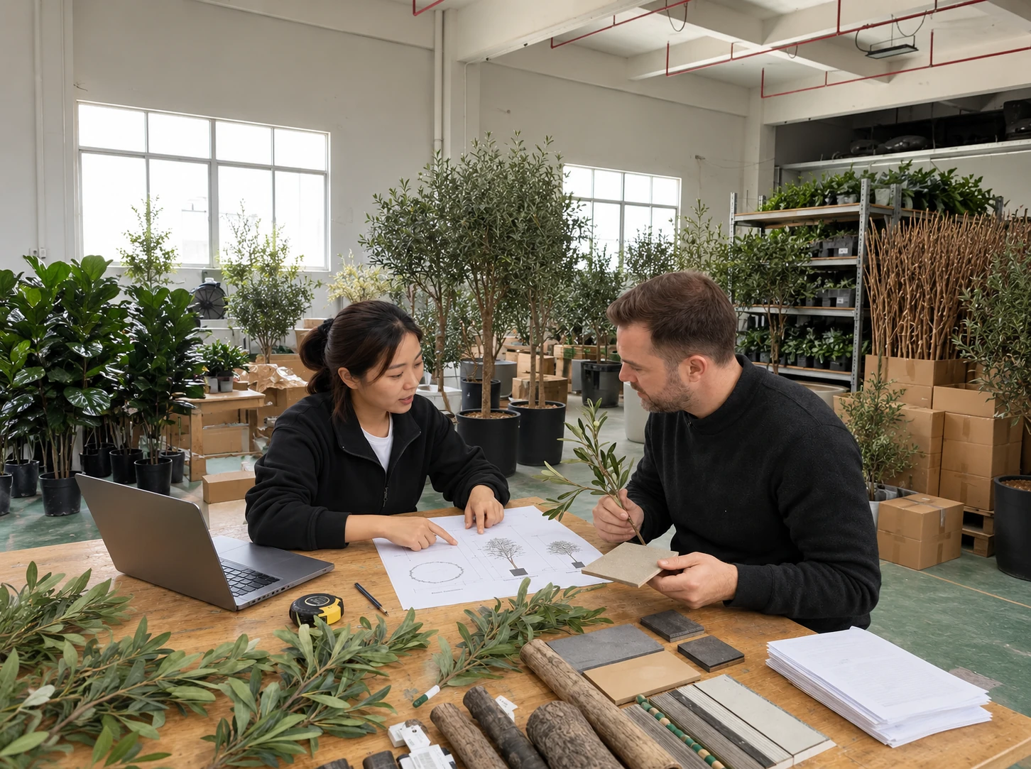Artificial tree designer discussing project requirements with an international buyer