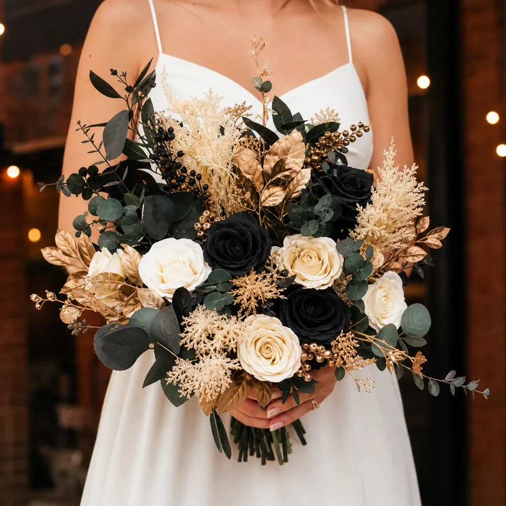 Black and gold artificial bridal bouquet for modern weddings