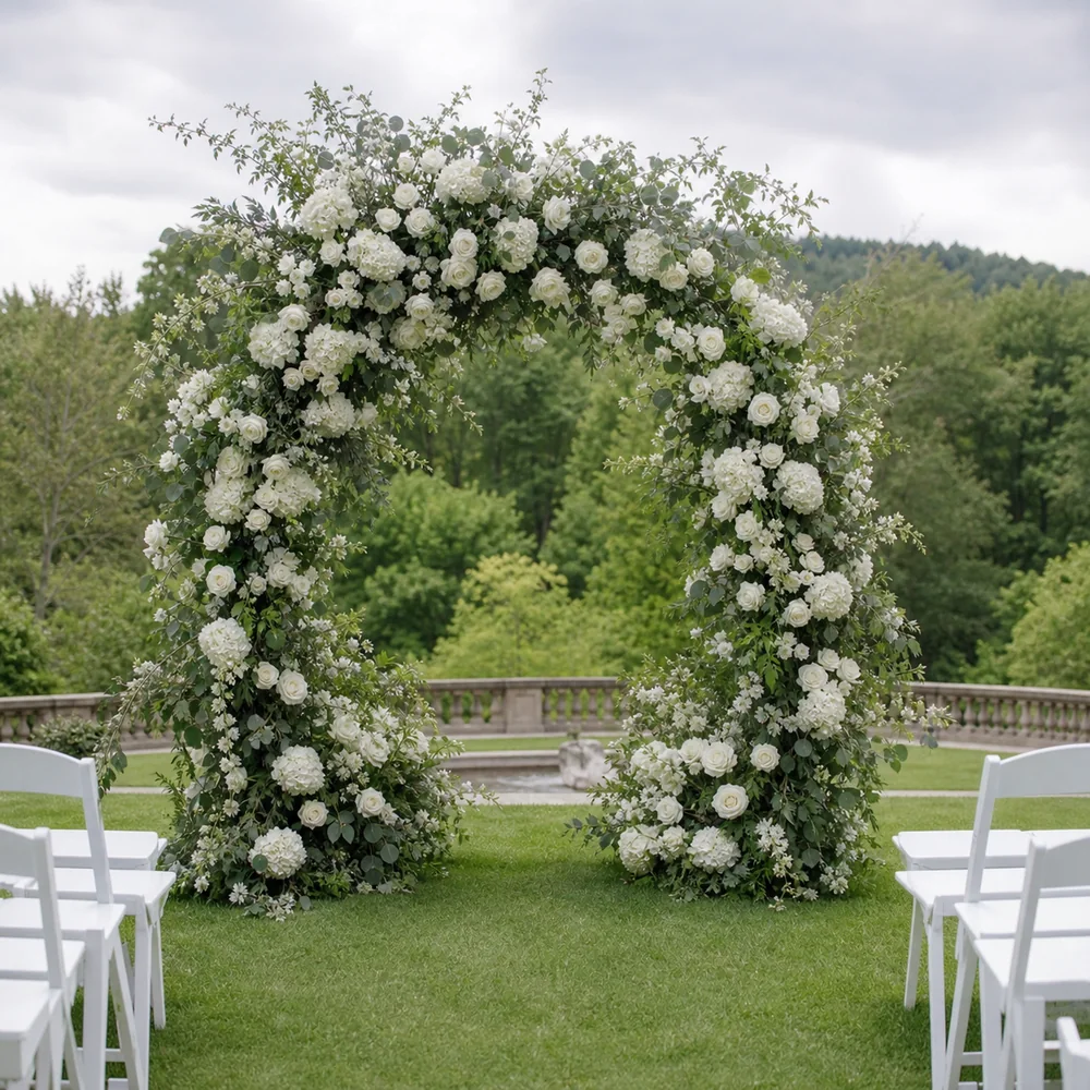 White and green artificial wedding flower arch for ceremony decor