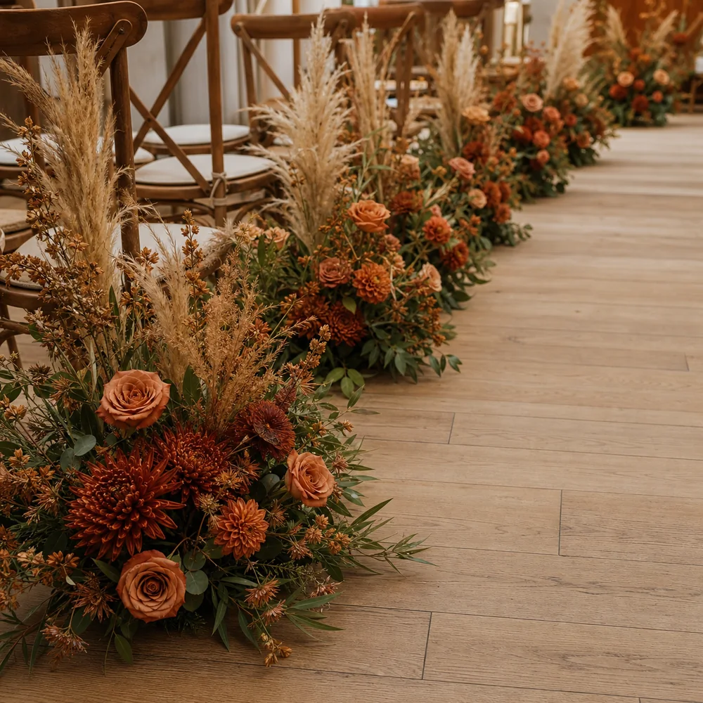Terracotta artificial ground flower arrangement for a wedding aisle