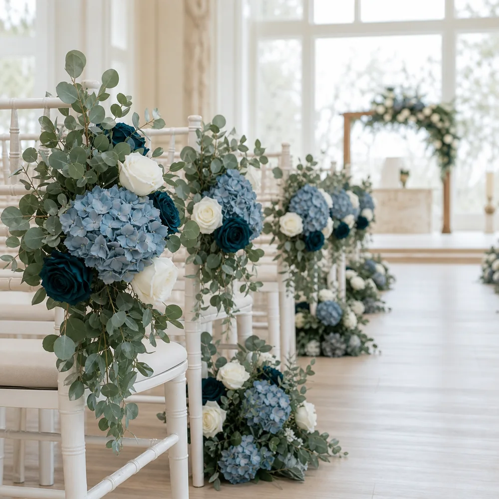 Teal artificial aisle flower arrangements for a wedding ceremony