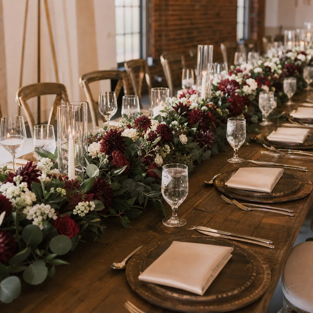 Burgundy artificial table garland for wedding reception decor