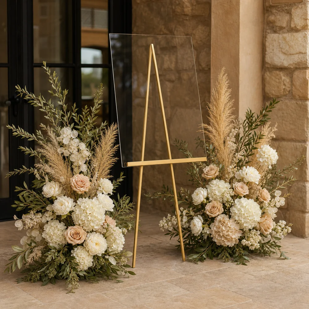 Champagne artificial welcome flower arrangement for a wedding entrance
