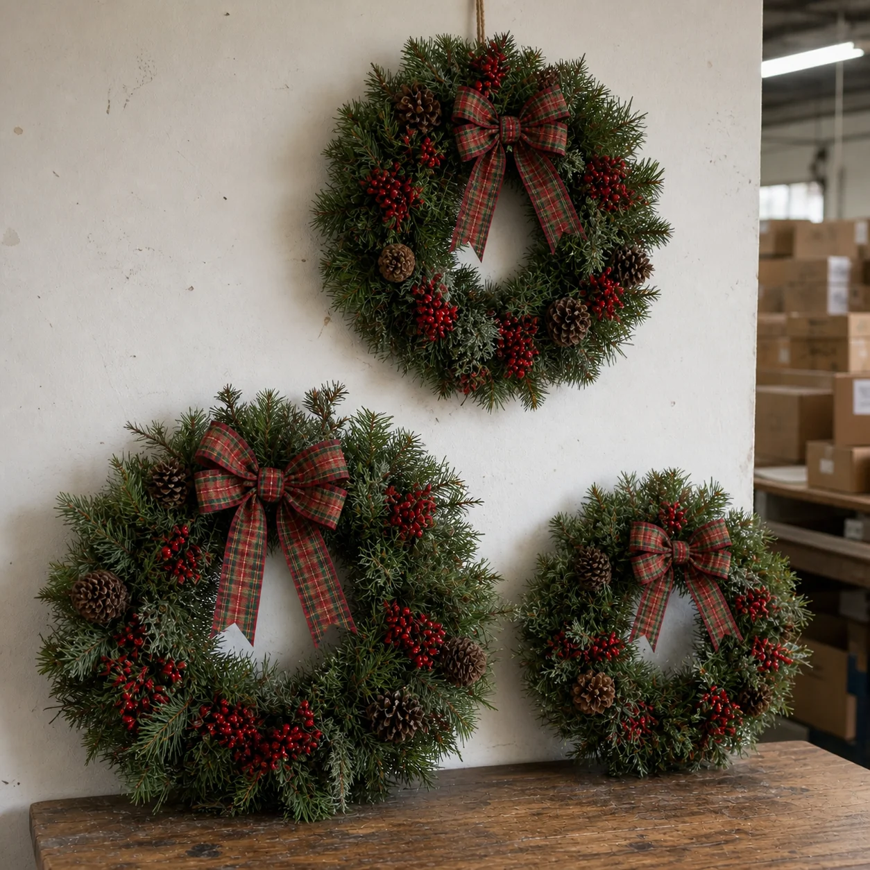 Artificial Christmas wreaths in multiple sizes with berries and pine cones