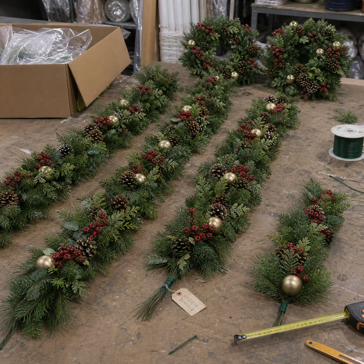 Wholesale artificial Christmas garlands with red berries and gold ornaments