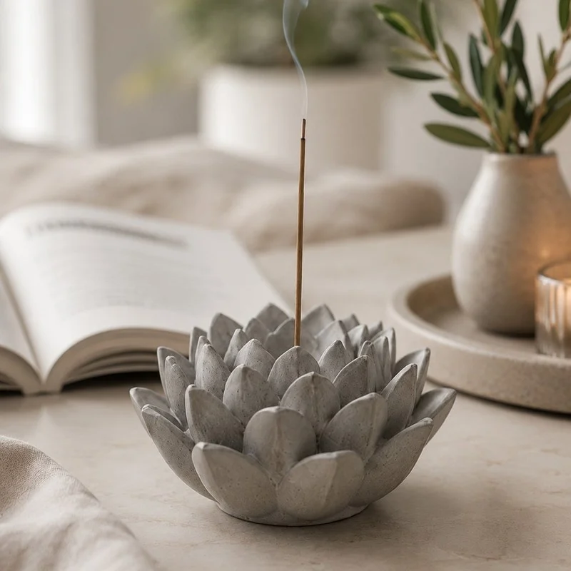 Concrete tabletop tray with vase and candle arrangement