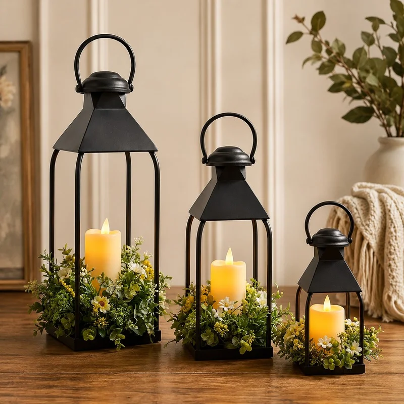 Metal lantern candle holder set