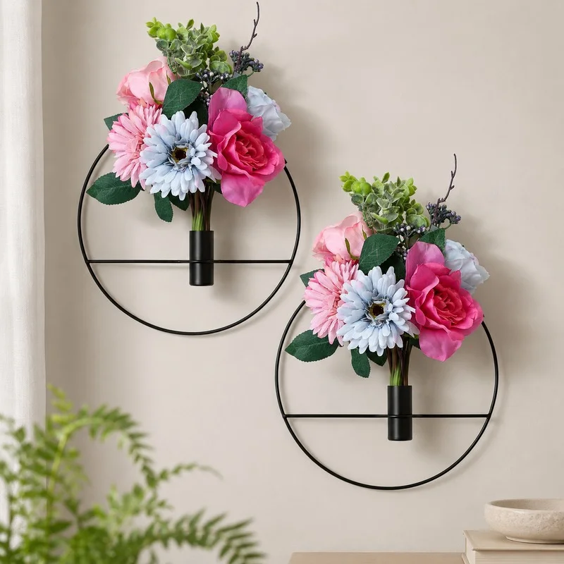 Metal wall planters with artificial flowers