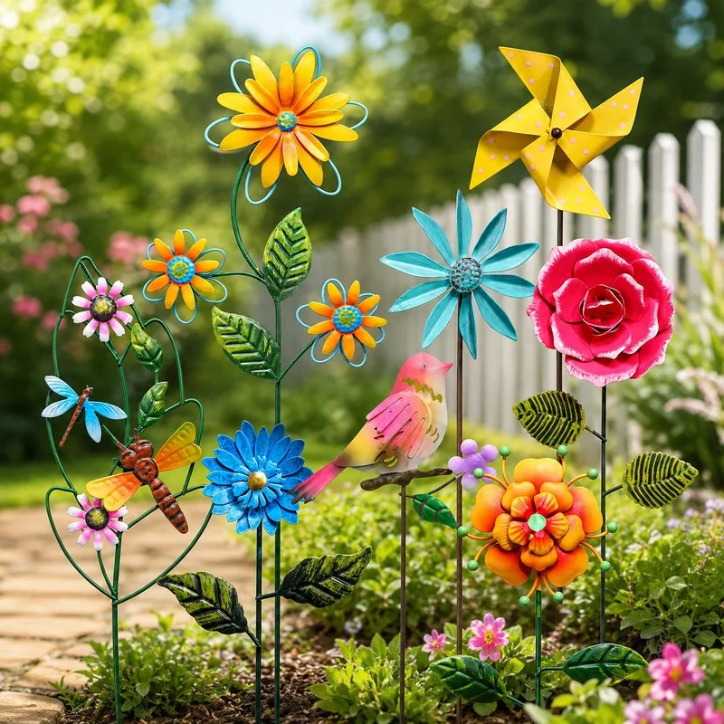 Colorful metal garden flower stakes