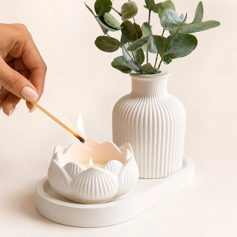 White resin candle holder and vase set