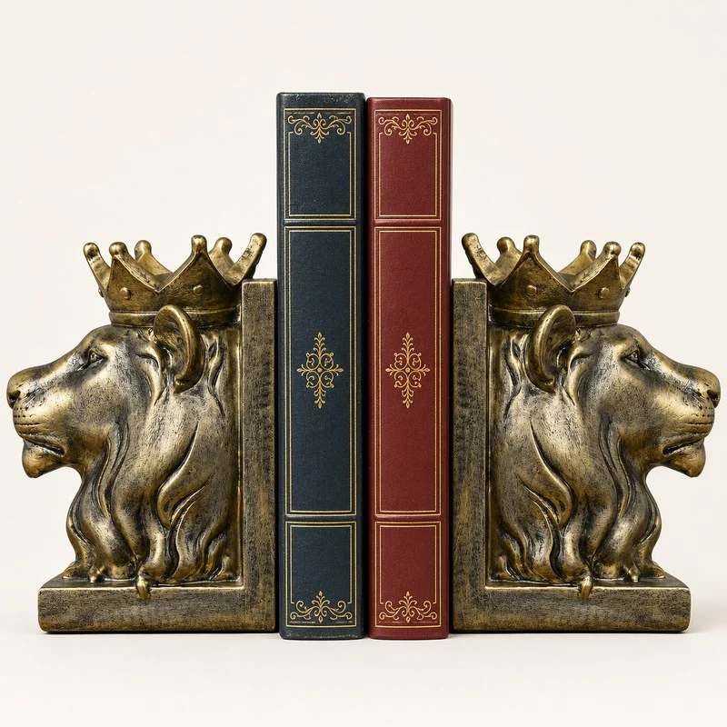 Antique-effect lion resin bookends