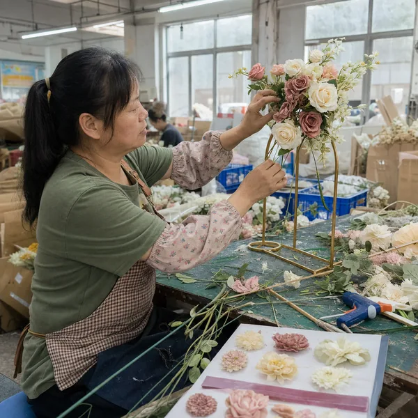 Chinese factory worker developing a custom artificial wedding flower sample
