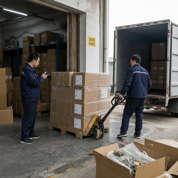 Chinese warehouse workers dispatching wholesale artificial wedding flower cartons