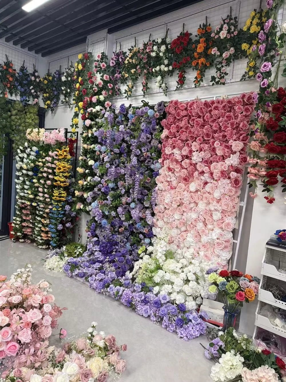 Purple and pink artificial flower walls in the Botanicblossoms showroom