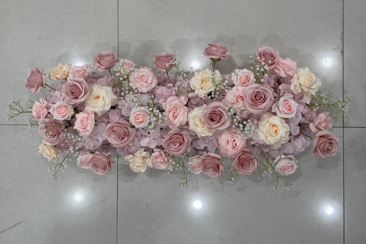 Pink rose artificial table flower runner for weddings, about 100 by 35 cm