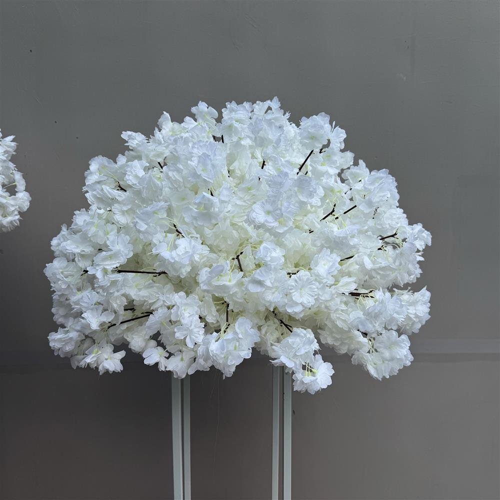 White cherry blossom artificial flower ball, 70 cm, on a tall white stand
