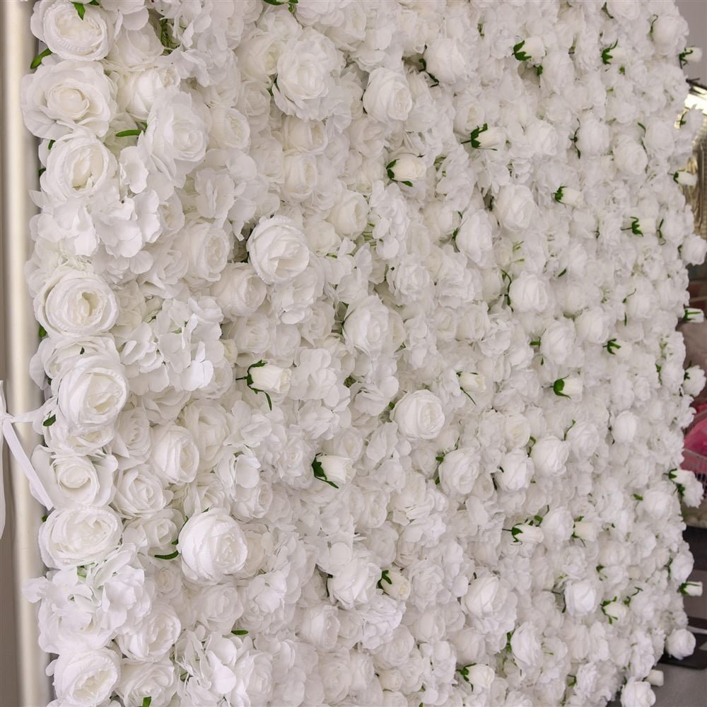 Side edge of a plain white artificial flower wall