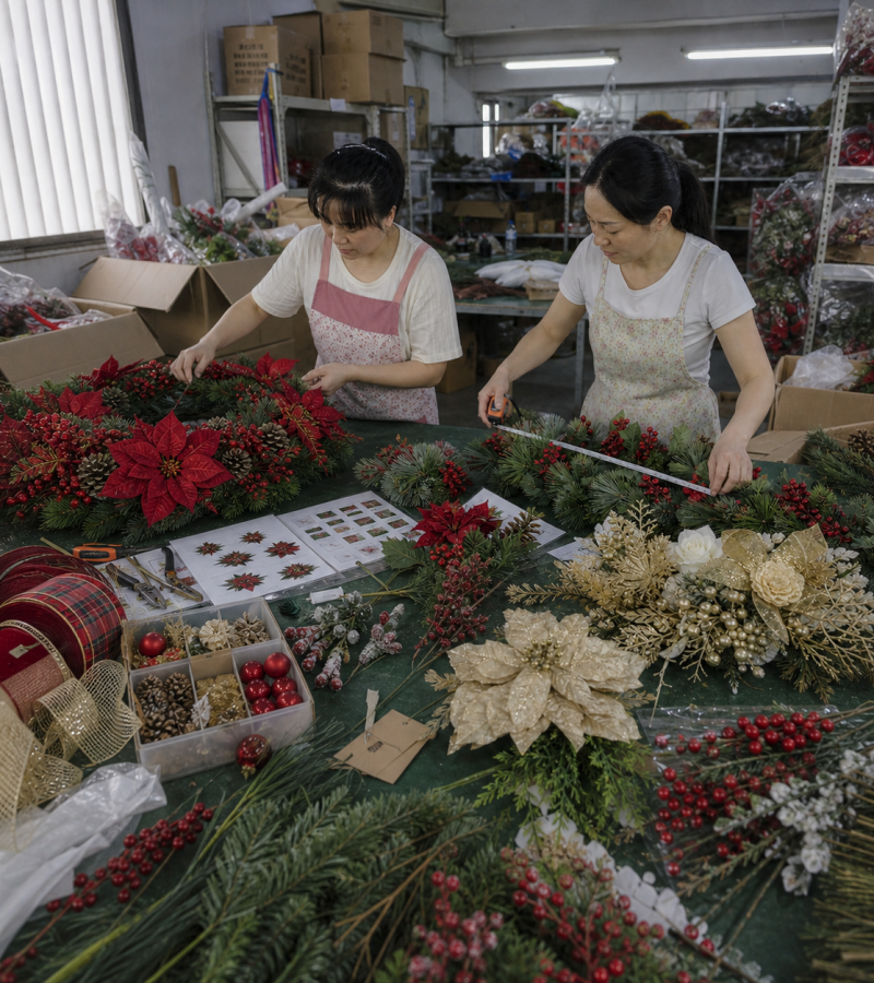 Chinese factory workers inspecting bulk wholesale artificial Christmas flowers and decorations