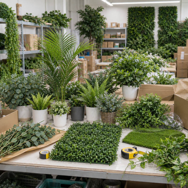 Artificial greenery product samples, packing materials, and cartons in a wholesale supplier workshop