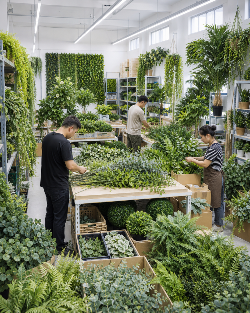 Workers assembling and sorting artificial greenery products in a bright supplier workshop