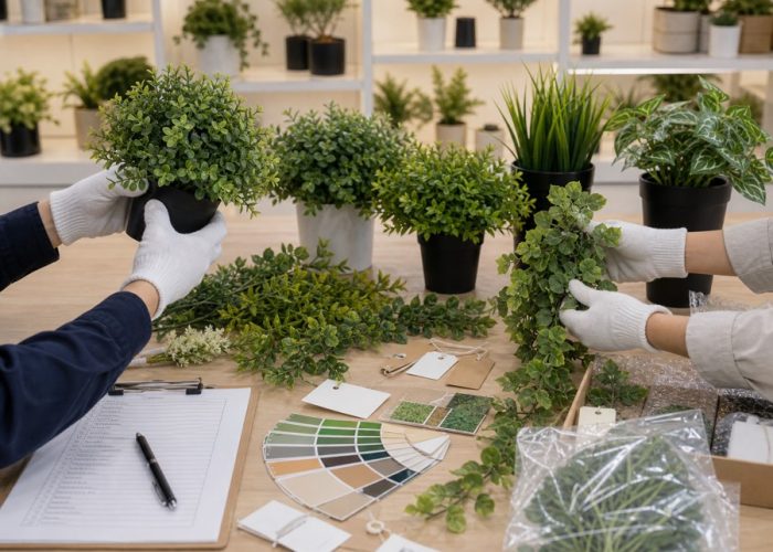 Artificial plant sample confirmation for leaf type color tone fullness and pot style