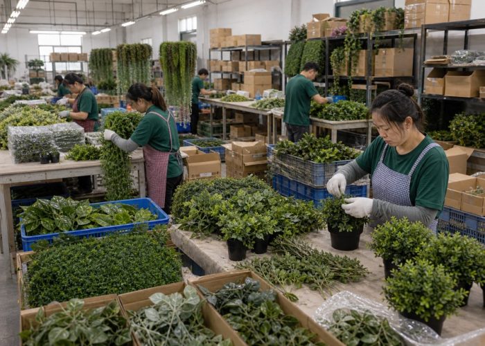 Faux greenery bulk production for wholesale artificial potted plants and green wall panels