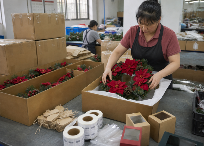 Chinese factory packing artificial Christmas wreaths with private label options