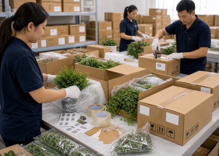 Artificial plants packing and labeling with carton marks barcode stickers and hang tags