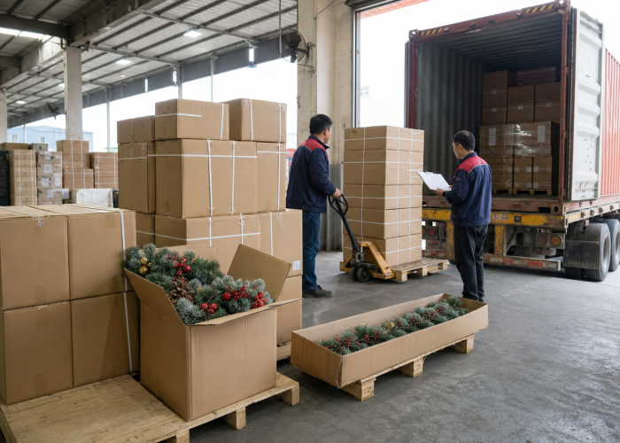 Wholesale artificial Christmas decorations packed for international container shipping