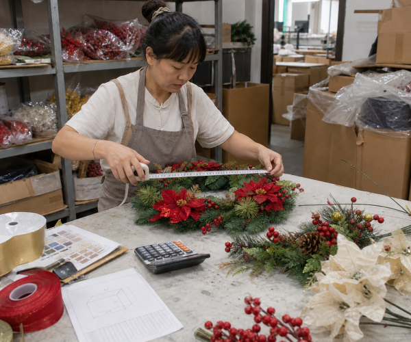 Chinese supplier measuring artificial Christmas wreath samples for a wholesale quotation